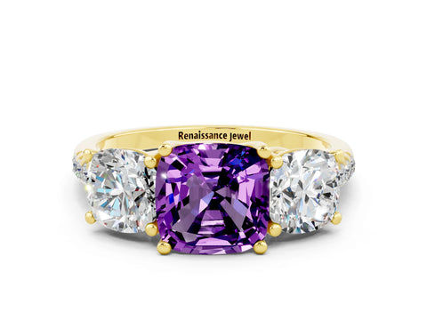 Yellow gold Three-Stone Cushion Cut Amethyst Ring with Pavé Band and Prong Setting_12