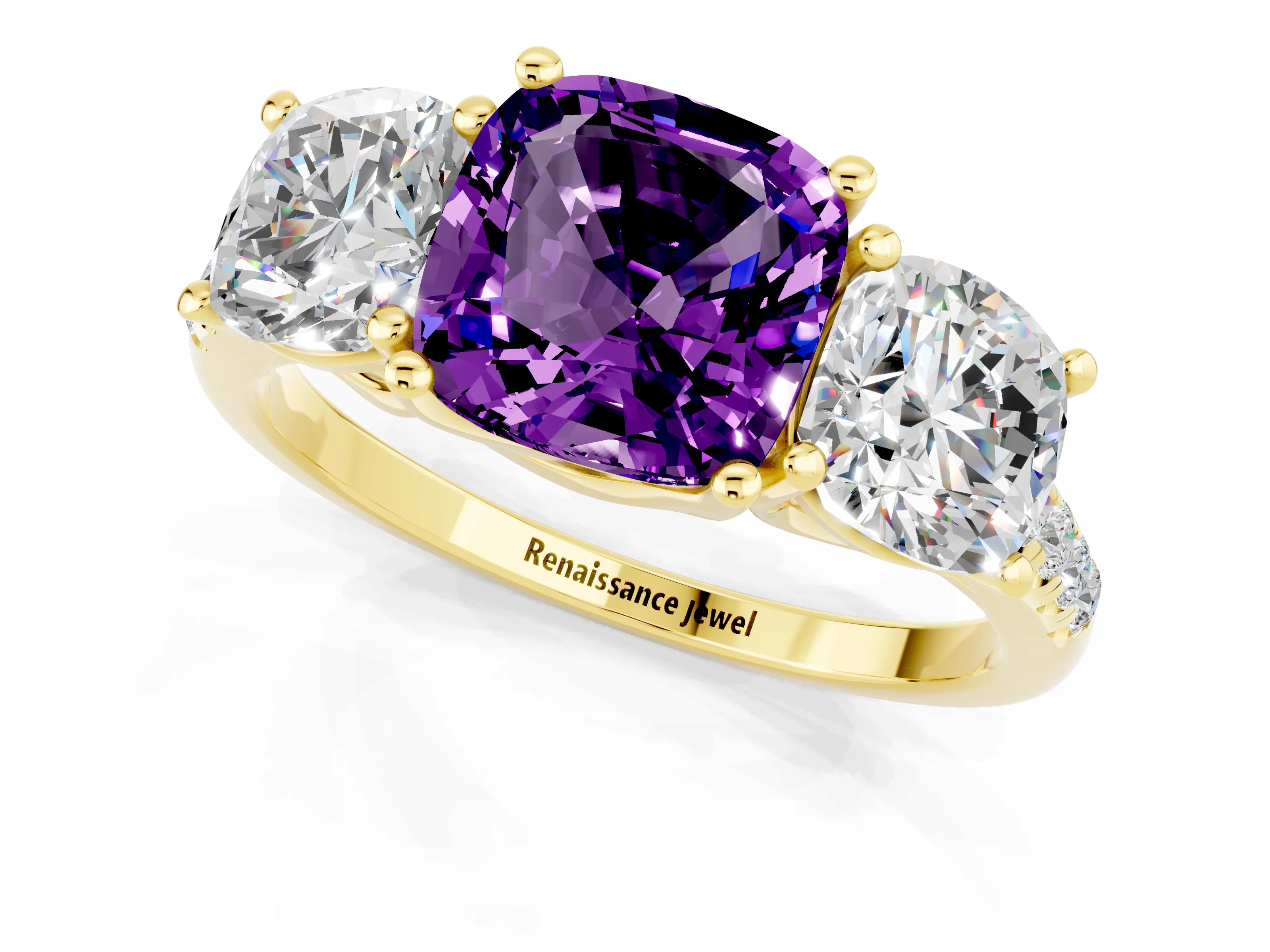 Yellow gold Three-Stone Cushion Cut Amethyst Ring with Pavé Band and Prong Setting_13