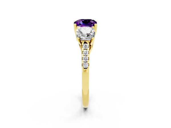Yellow gold Three-Stone Cushion Cut Amethyst Ring with Round  Pavé Band and Prong Setting