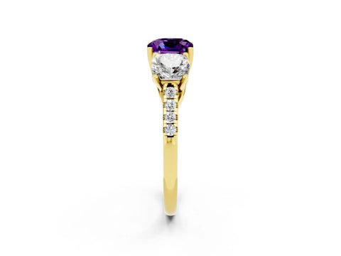 Yellow gold Three-Stone Cushion Cut Amethyst Ring with Pavé Band and Prong Setting_14
