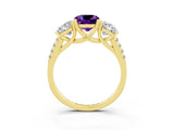 Yellow gold Three-Stone Cushion Cut Amethyst Ring with Pavé Band and Prong Setting_15