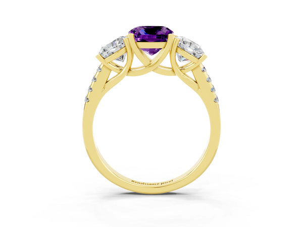 Yellow gold Three-Stone Cushion Cut Amethyst Ring with Round  Pavé Band and Prong Setting