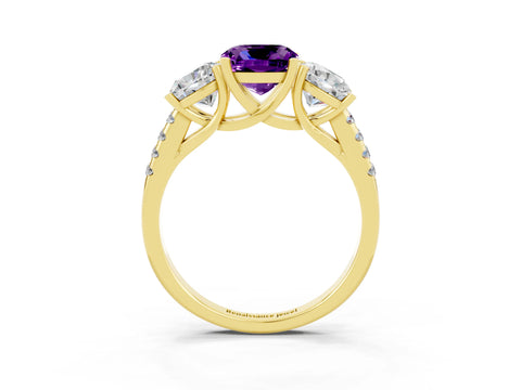 Yellow gold Three-Stone Cushion Cut Amethyst Ring with Pavé Band and Prong Setting_15