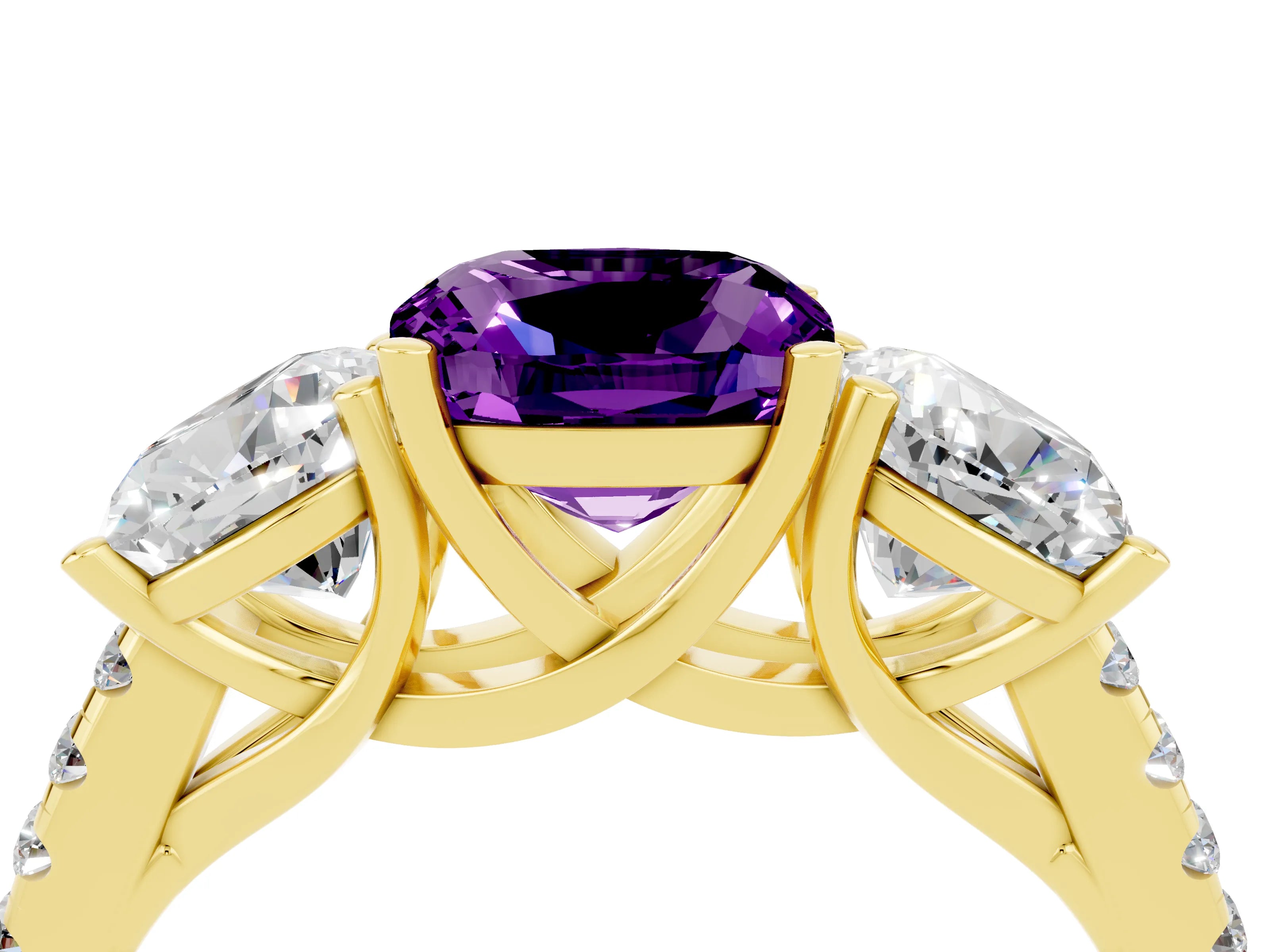 Yellow gold Three-Stone Cushion Cut Amethyst Ring with Pavé Band and Prong Setting_16