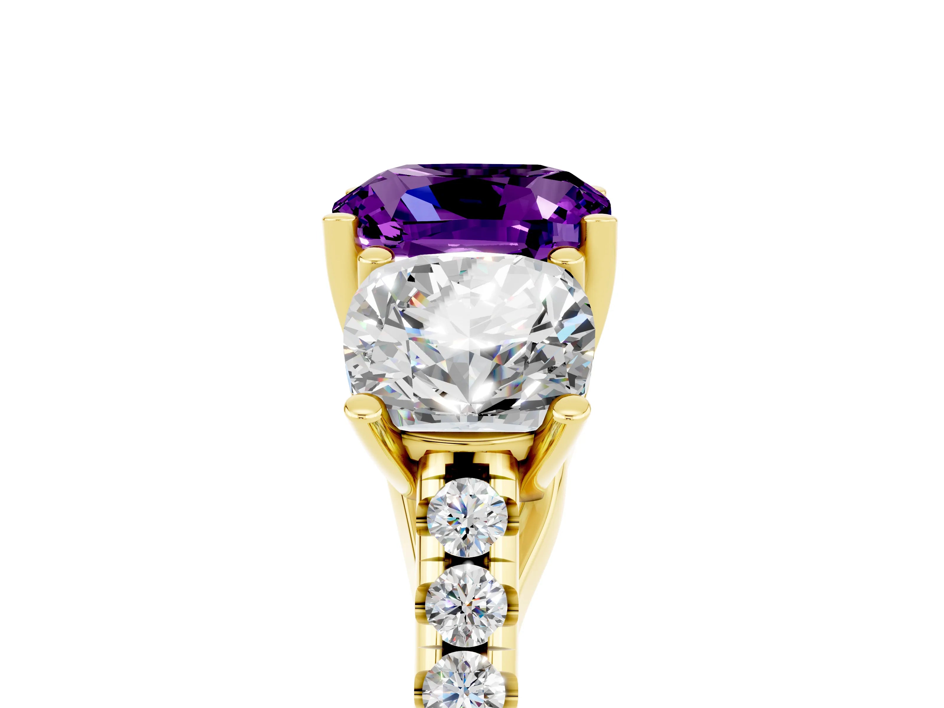 Yellow gold Three-Stone Cushion Cut Amethyst Ring with Pavé Band and Prong Setting_17
