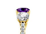 Yellow gold Three-Stone Cushion Cut Amethyst Ring with Pavé Band and Prong Setting_17