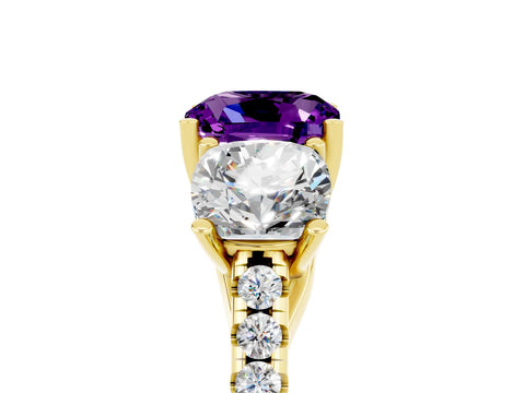 Yellow gold Three-Stone Cushion Cut Amethyst Ring with Pavé Band and Prong Setting_17