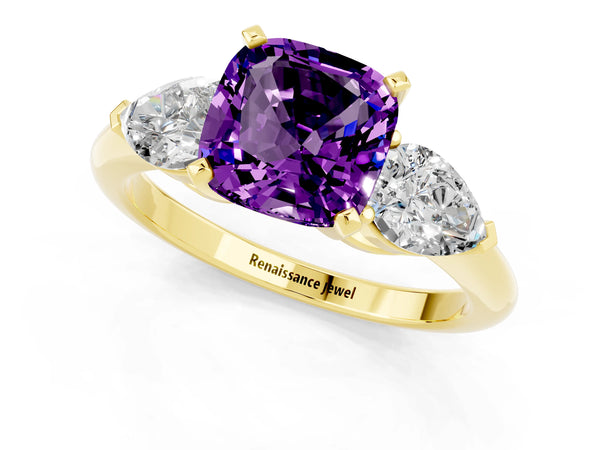Yellow gold Three-Stone Cushion Cut Amethyst Ring with Pear Side Stones and Four-Prong Setting