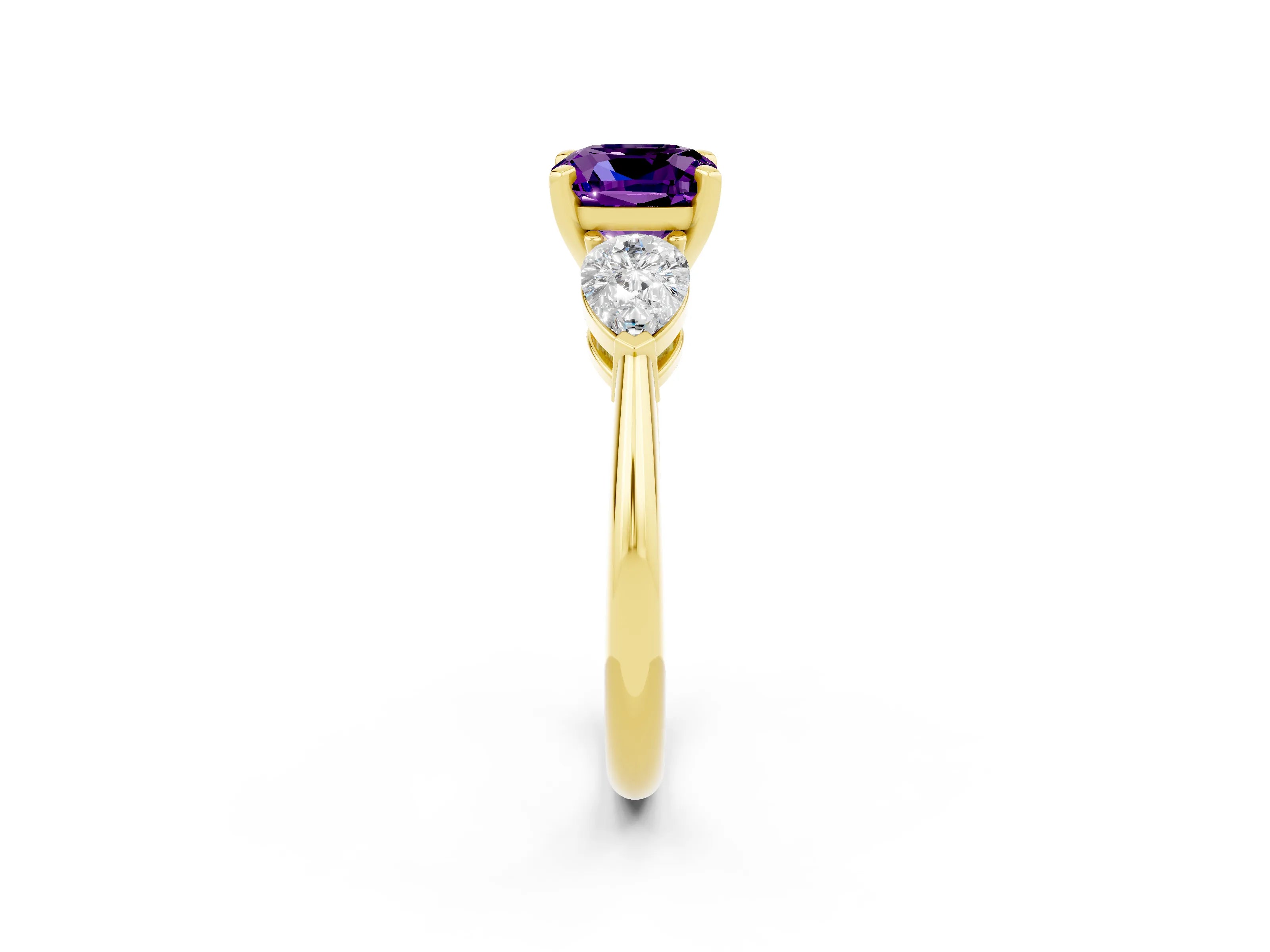 Yellow gold Three-Stone Cushion Cut Amethyst Ring with Pear Side Stones and Four-Prong Setting_2