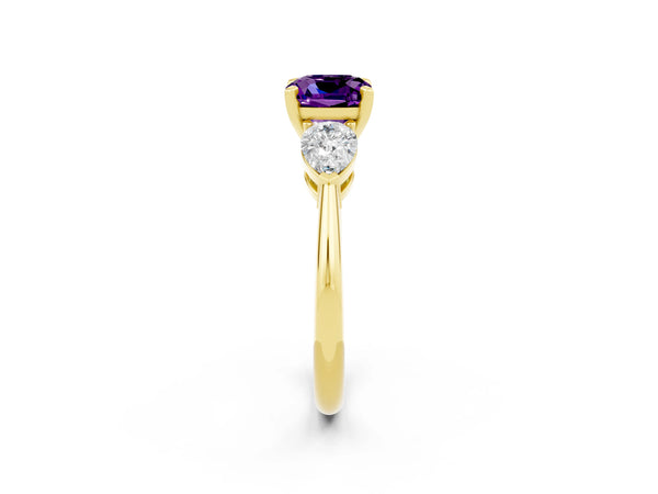 Yellow gold Three-Stone Cushion Cut Amethyst Ring with Pear Side Stones and Four-Prong Setting