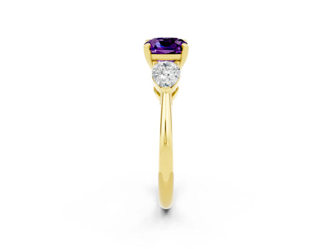 Yellow gold Three-Stone Cushion Cut Amethyst Ring with Pear Side Stones and Four-Prong Setting_2
