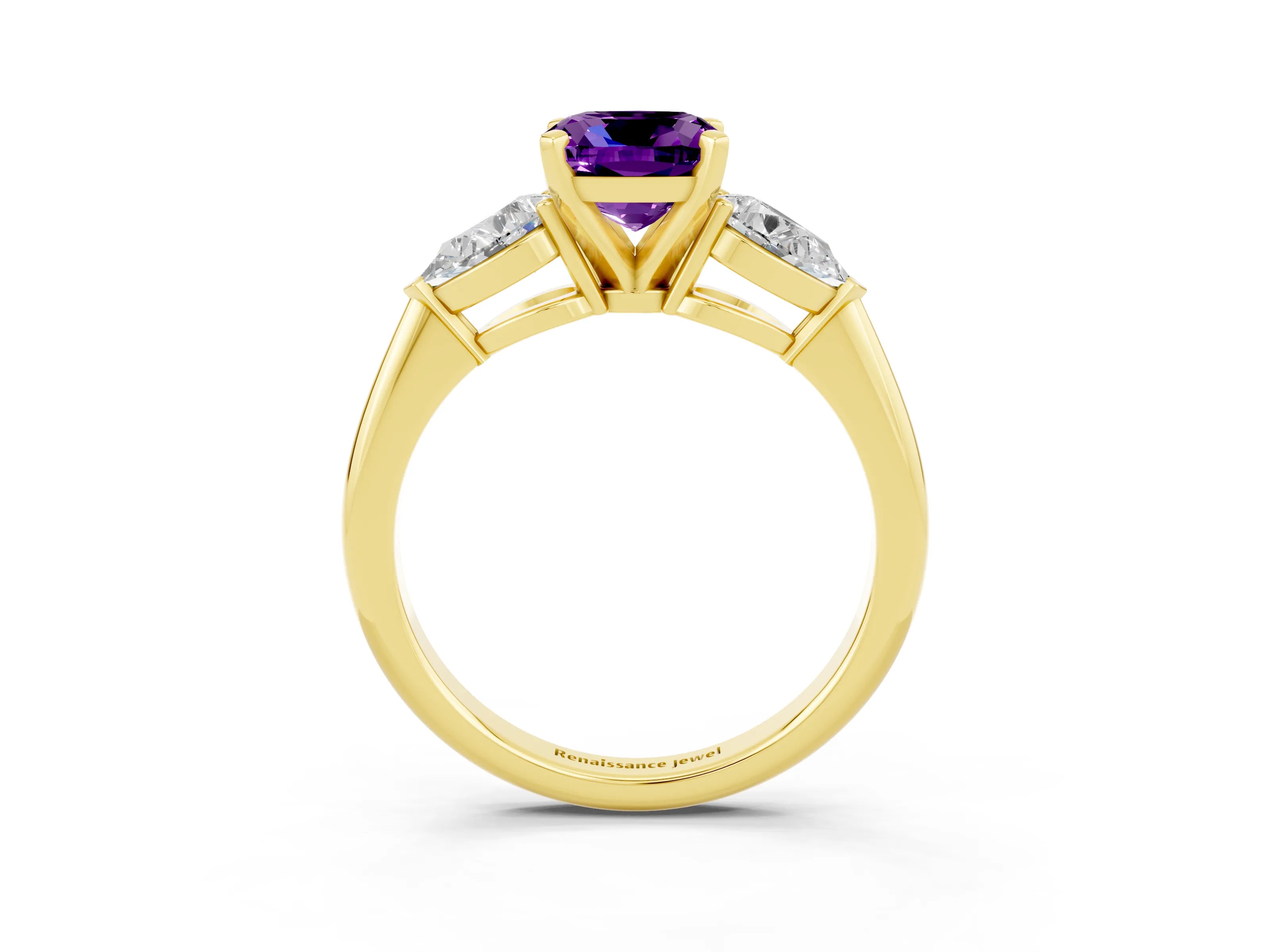 Yellow gold Three-Stone Cushion Cut Amethyst Ring with Pear Side Stones and Four-Prong Setting_3