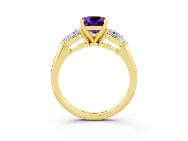Yellow gold Three-Stone Cushion Cut Amethyst Ring with Pear Side Stones and Four-Prong Setting