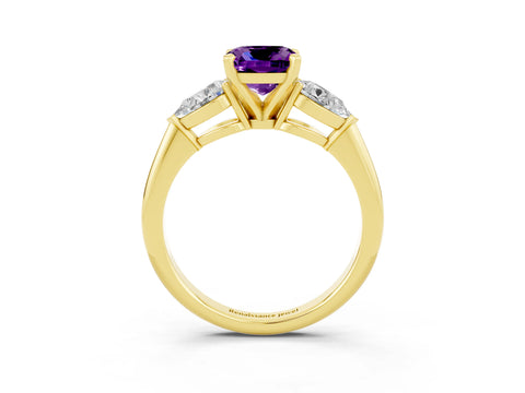 Yellow gold Three-Stone Cushion Cut Amethyst Ring with Pear Side Stones and Four-Prong Setting_3