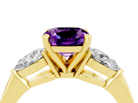 Yellow gold Three-Stone Cushion Cut Amethyst Ring with Pear Side Stones and Four-Prong Setting_4