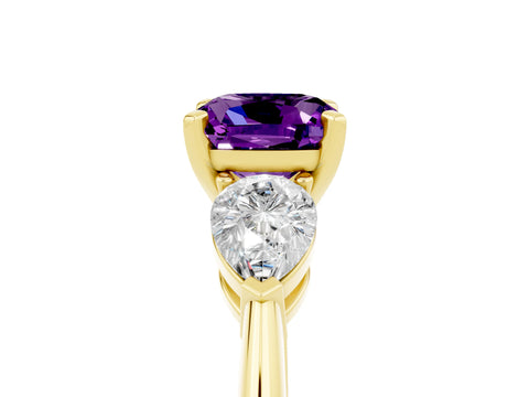 Yellow gold Three-Stone Cushion Cut Amethyst Ring with Pear Side Stones and Four-Prong Setting_5