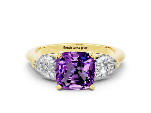 Yellow gold Three-Stone Cushion Cut Amethyst Ring with Pear Side Stones and Four-Prong Setting