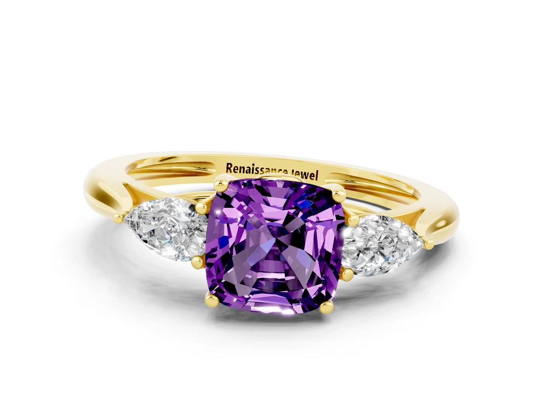 Yellow gold Three-Stone Cushion Cut Amethyst Ring with Pear  Side Stones in Four-Prong Setting_12