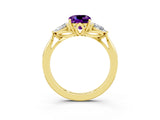 Yellow gold Three-Stone Cushion Cut Amethyst Ring with Pear  Side Stones in Four-Prong Setting_15