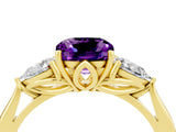 Yellow gold Three-Stone Cushion Cut Amethyst Ring with Pear  Side Stones in Four-Prong Setting_16
