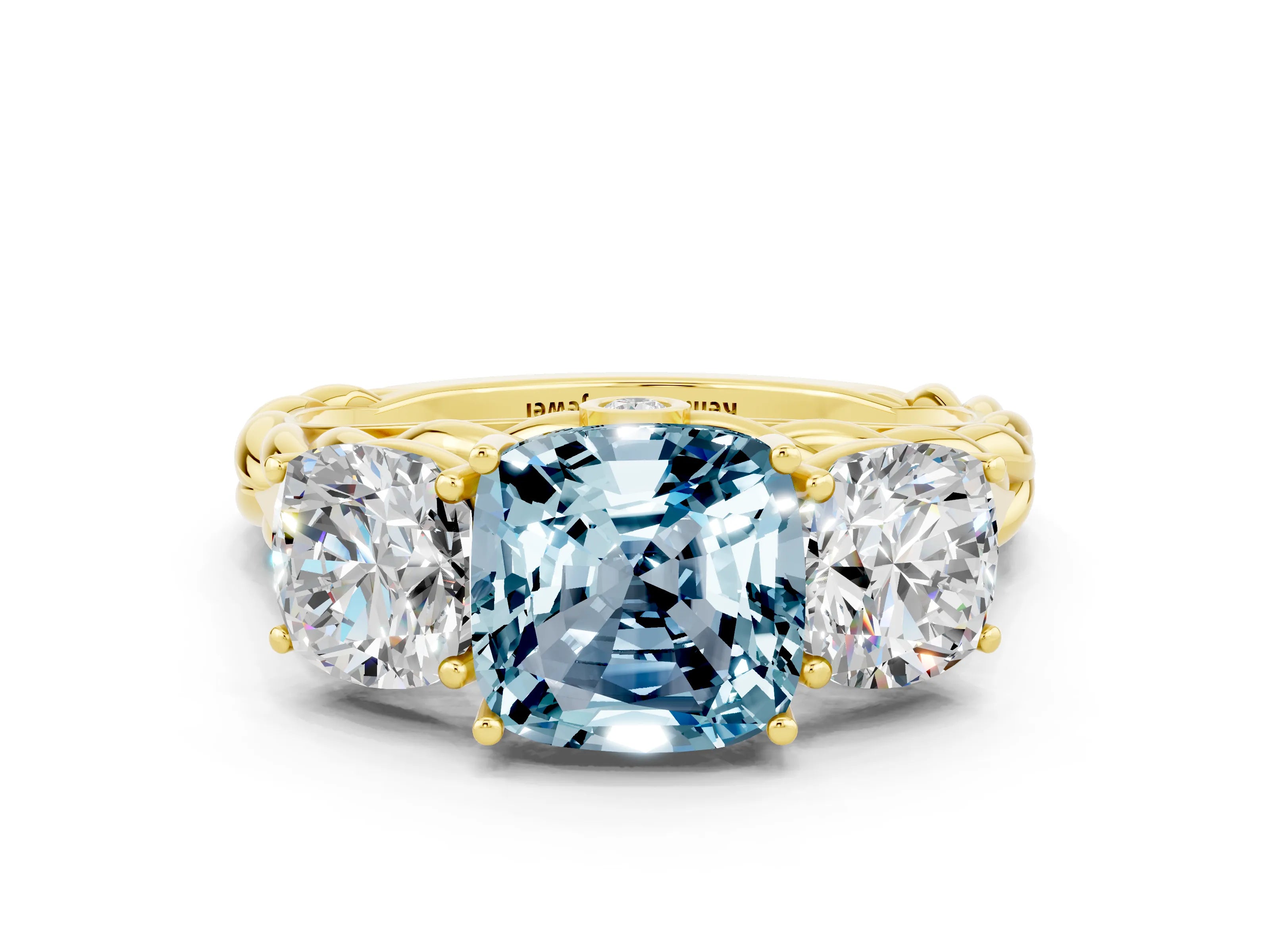 Yellow gold Three-Stone Cushion Cut Aquamarine Braided Band Ring with Four-Prong Setting_12