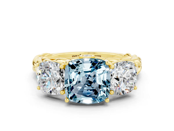 Yellow gold Three-Stone Cushion Cut Aquamarine Braided Band Ring with Four-Prong Setting