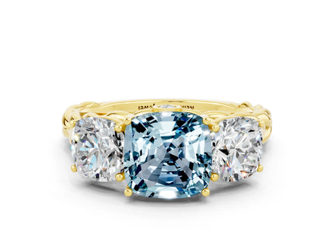 Yellow gold Three-Stone Cushion Cut Aquamarine Braided Band Ring with Four-Prong Setting_12