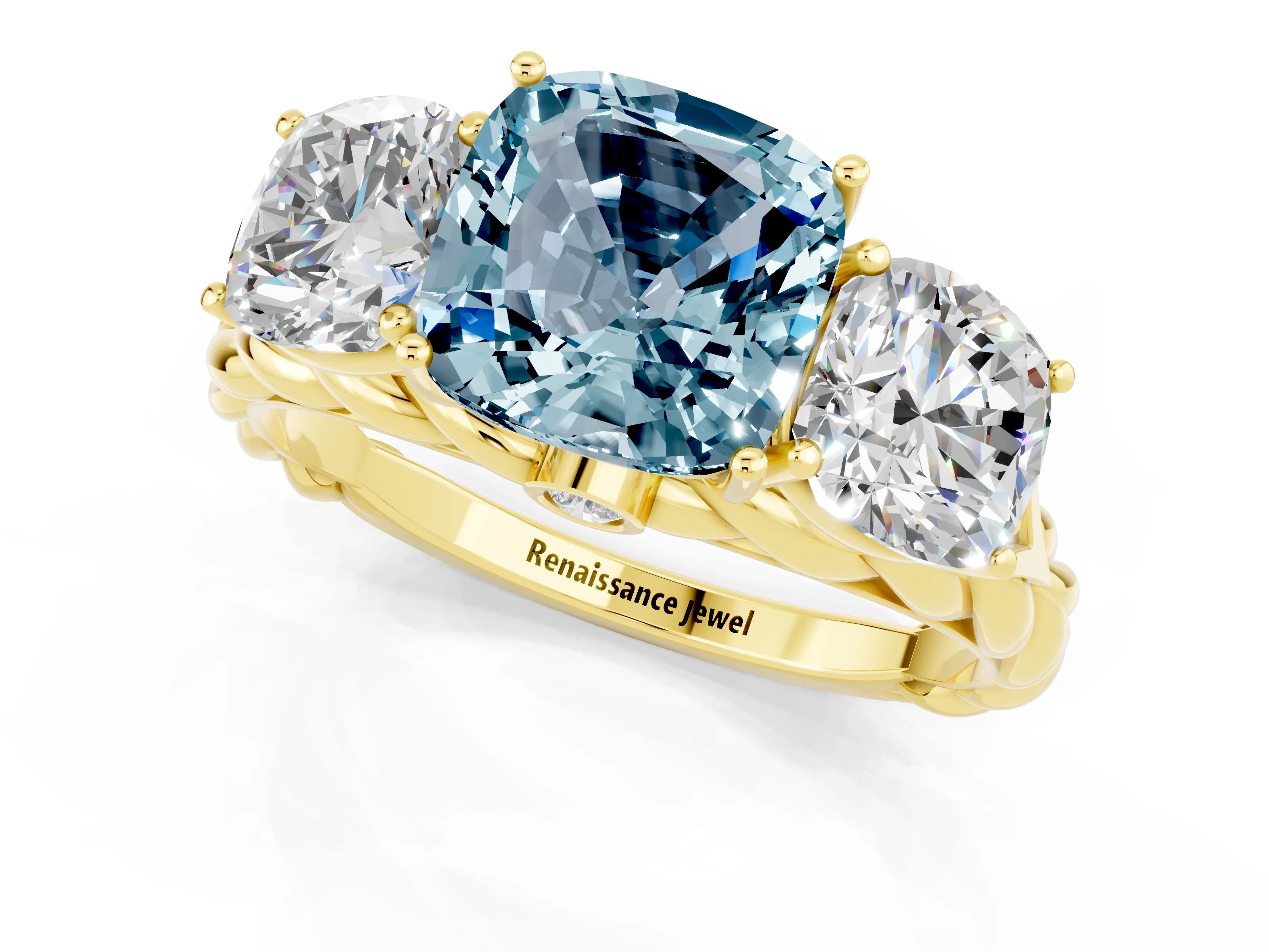 Yellow gold Three-Stone Cushion Cut Aquamarine Braided Band Ring with Four-Prong Setting_13