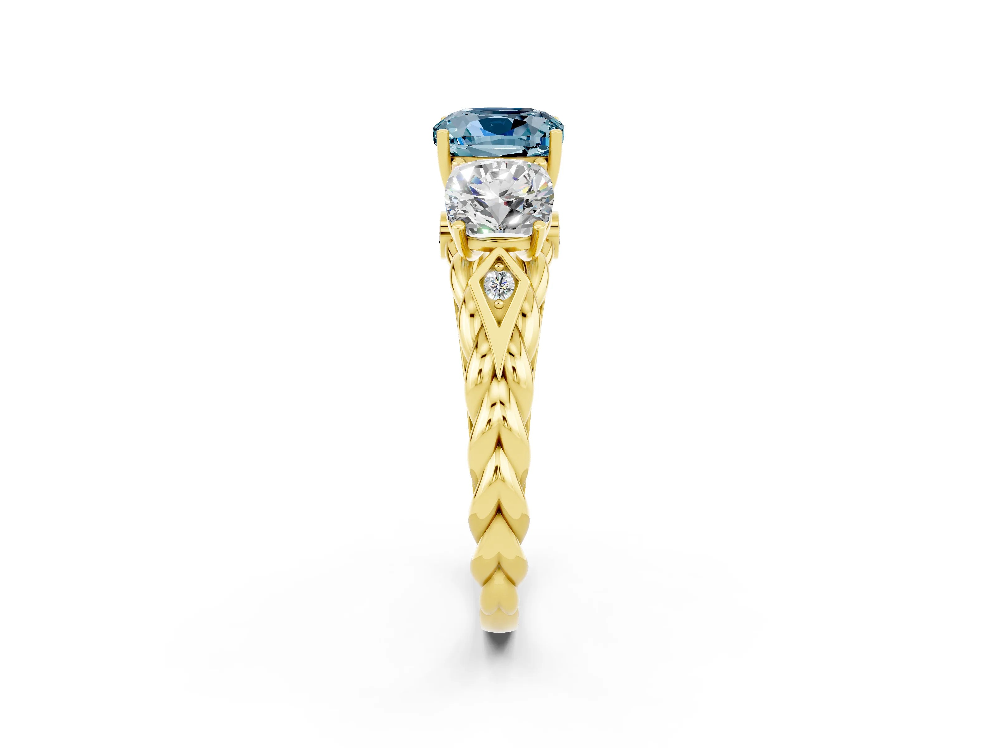 Yellow gold Three-Stone Cushion Cut Aquamarine Braided Band Ring with Four-Prong Setting_14