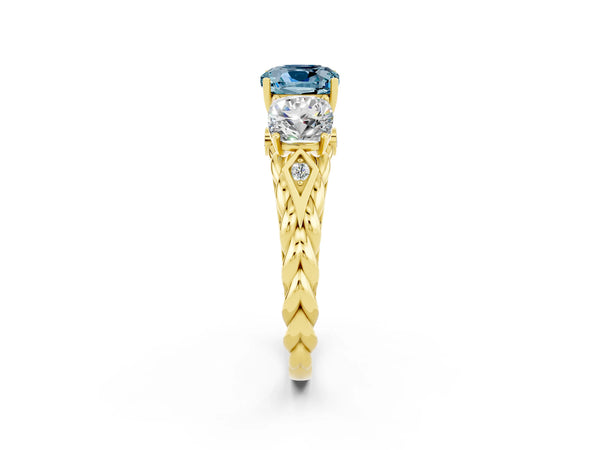 Yellow gold Three-Stone Cushion Cut Aquamarine Braided Band Ring with Four-Prong Setting