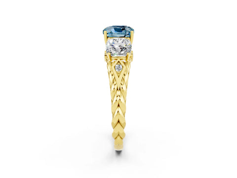 Yellow gold Three-Stone Cushion Cut Aquamarine Braided Band Ring with Four-Prong Setting_14