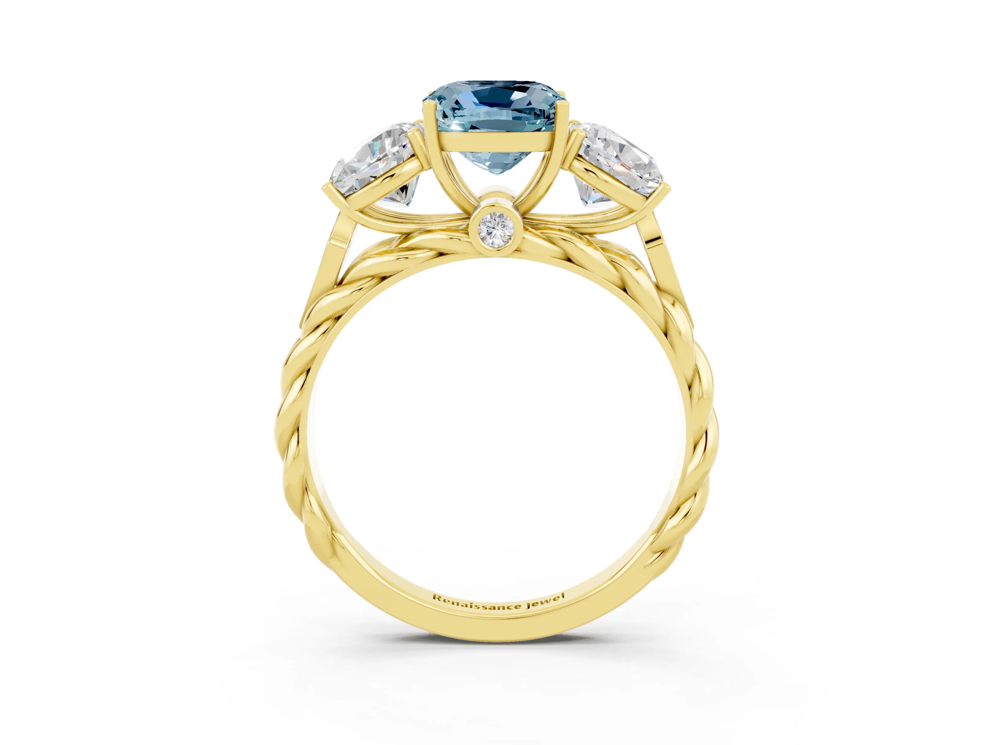 Yellow gold Three-Stone Cushion Cut Aquamarine Braided Band Ring with Four-Prong Setting_15
