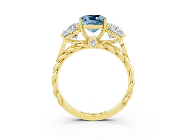 Yellow gold Three-Stone Cushion Cut Aquamarine Braided Band Ring with Four-Prong Setting