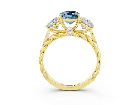 Yellow gold Three-Stone Cushion Cut Aquamarine Braided Band Ring with Four-Prong Setting_15