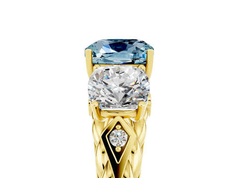Yellow gold Three-Stone Cushion Cut Aquamarine Braided Band Ring with Four-Prong Setting_17