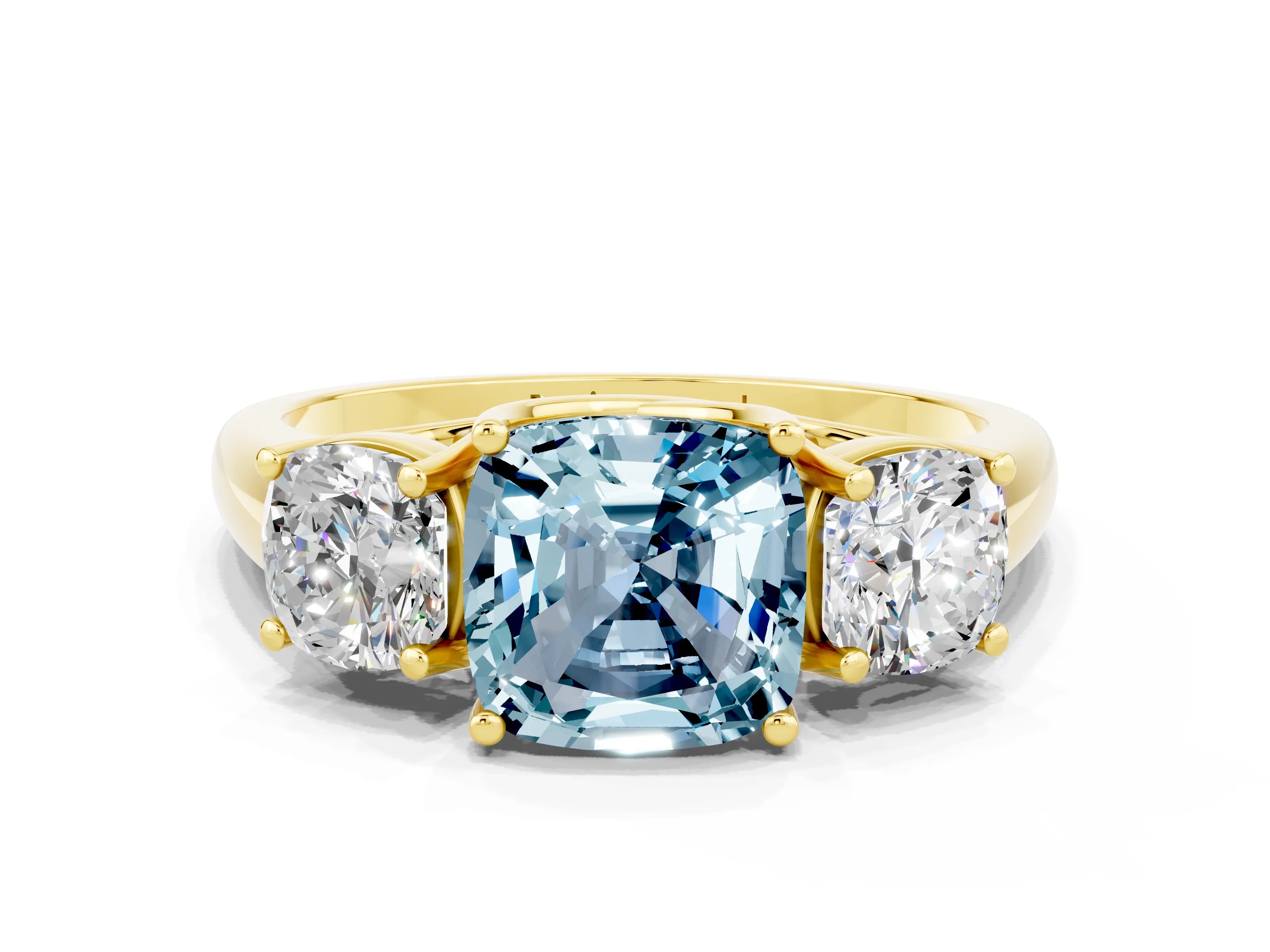 Yellow gold Three-Stone Cushion Cut Aquamarine Engagement Ring with Prong Setting