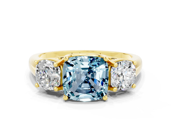 Yellow gold Three-Stone Cushion Cut Aquamarine Engagement Ring with Prong Setting