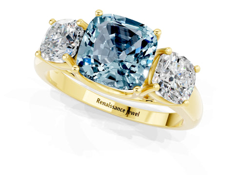 Yellow gold Three-Stone Cushion Cut Aquamarine Engagement Ring with Prong Setting_1