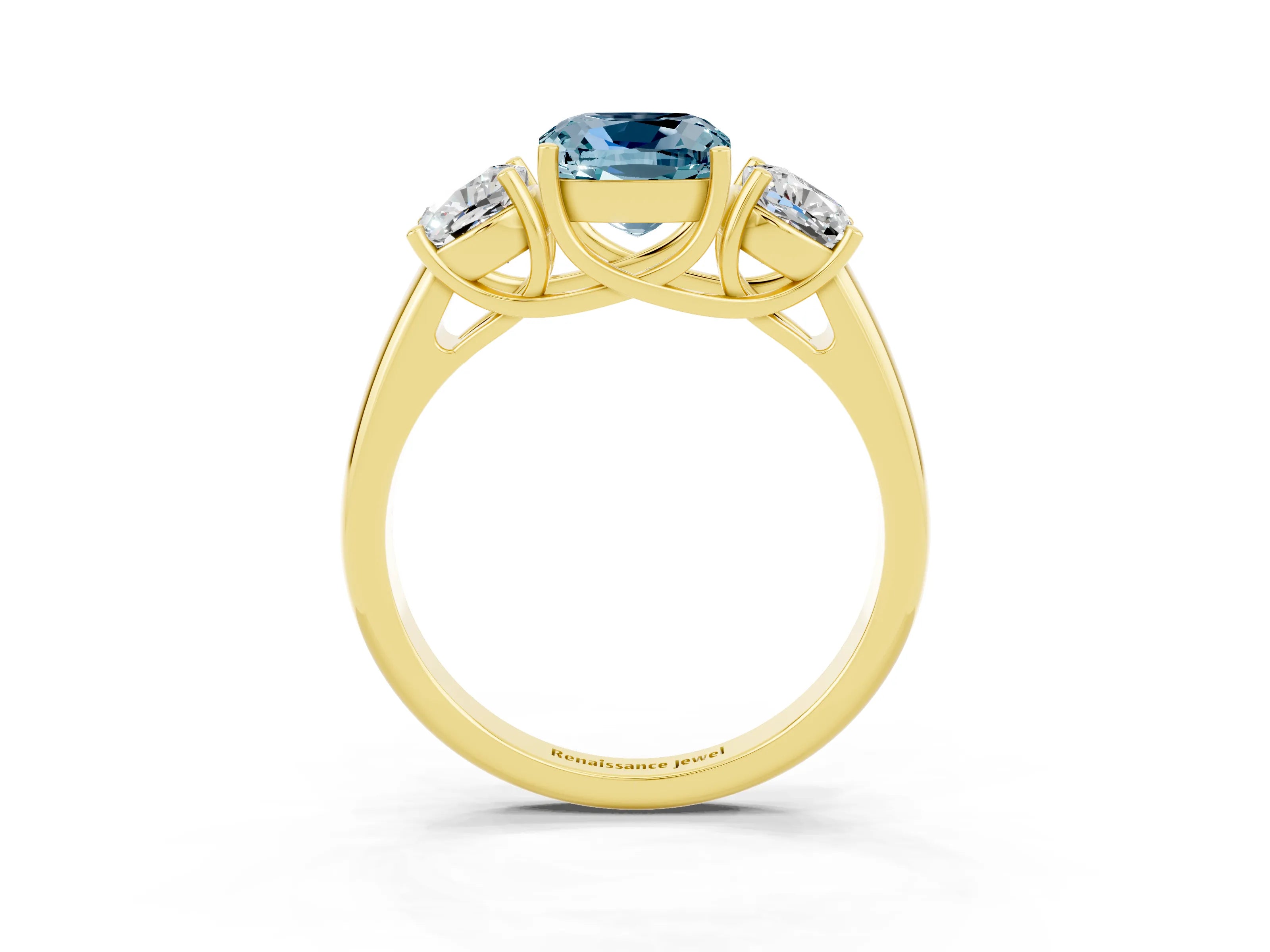 Yellow gold Three-Stone Cushion Cut Aquamarine Engagement Ring with Prong Setting_3