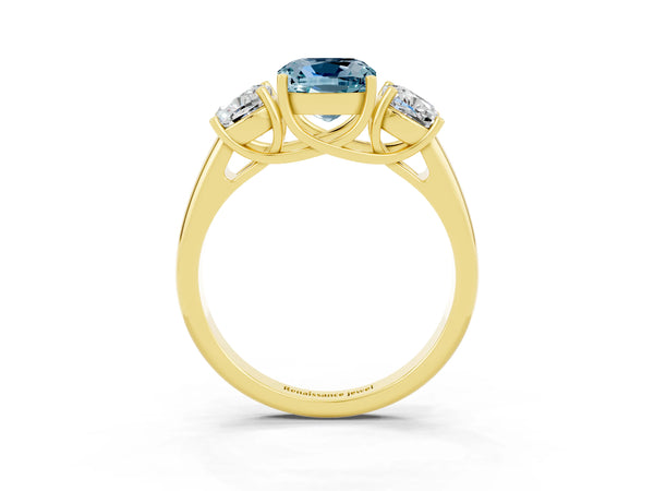 Yellow gold Three-Stone Cushion Cut Aquamarine Engagement Ring with Prong Setting