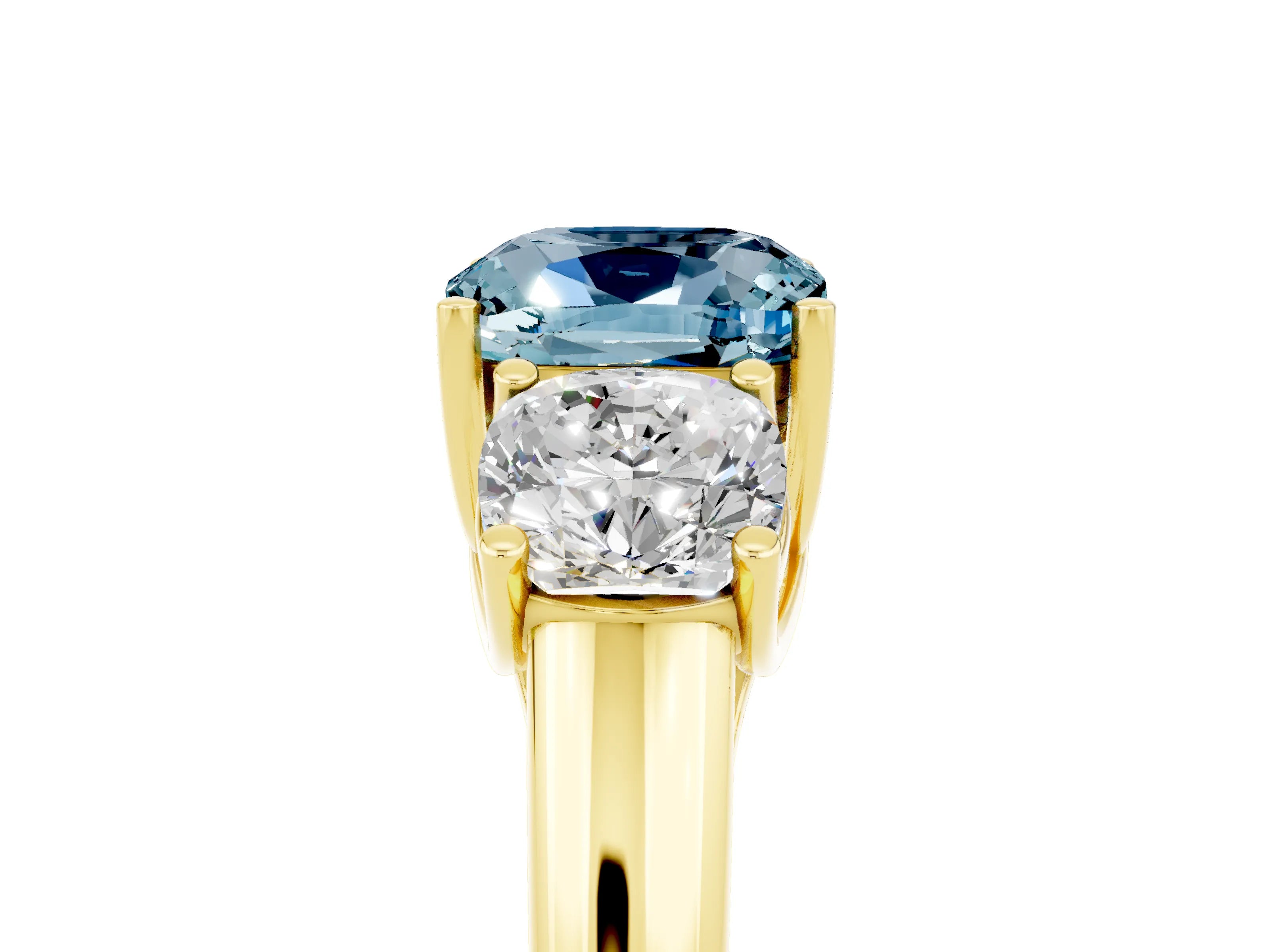 Yellow gold Three-Stone Cushion Cut Aquamarine Engagement Ring with Prong Setting_5