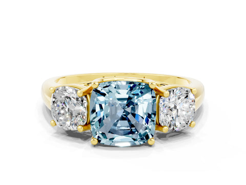 Yellow gold Three-Stone Cushion Cut Aquamarine Engagement Ring with Prong Setting