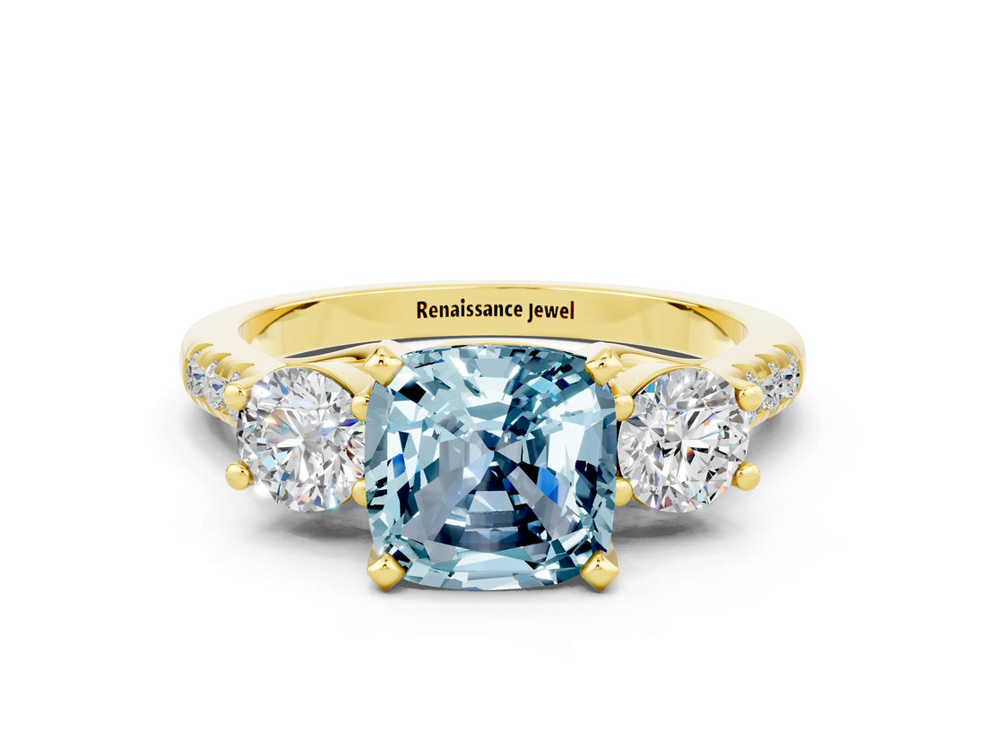Yellow gold Three-Stone Cushion Cut Aquamarine Pavé Band with Four-Prong Setting