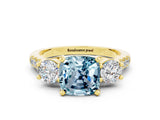 Yellow gold Three-Stone Cushion Cut Aquamarine Pavé Band with Four-Prong Setting