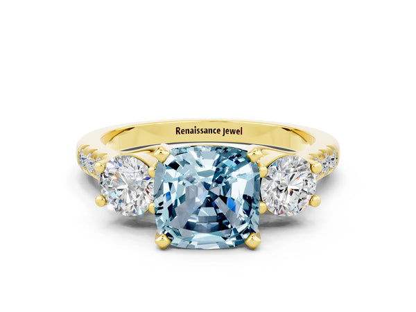 Yellow gold Three-Stone Cushion Cut Aquamarine Pavé Band with Four-Prong Setting