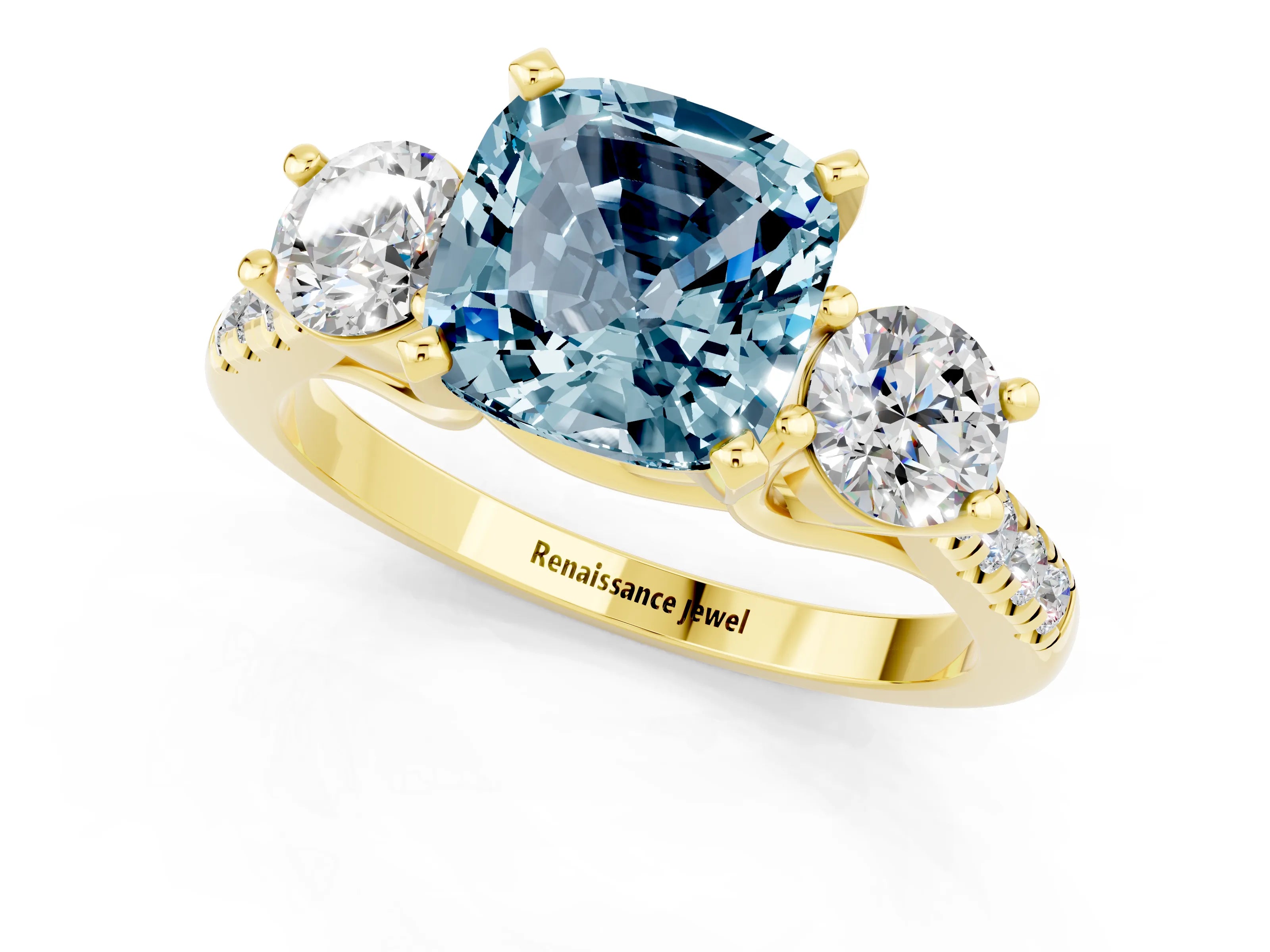 Yellow gold Three-Stone Cushion Cut Aquamarine Pavé Band with Four-Prong Setting_1