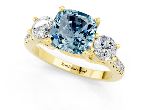 Yellow gold Three-Stone Cushion Cut Aquamarine Pavé Band with Four-Prong Setting_1
