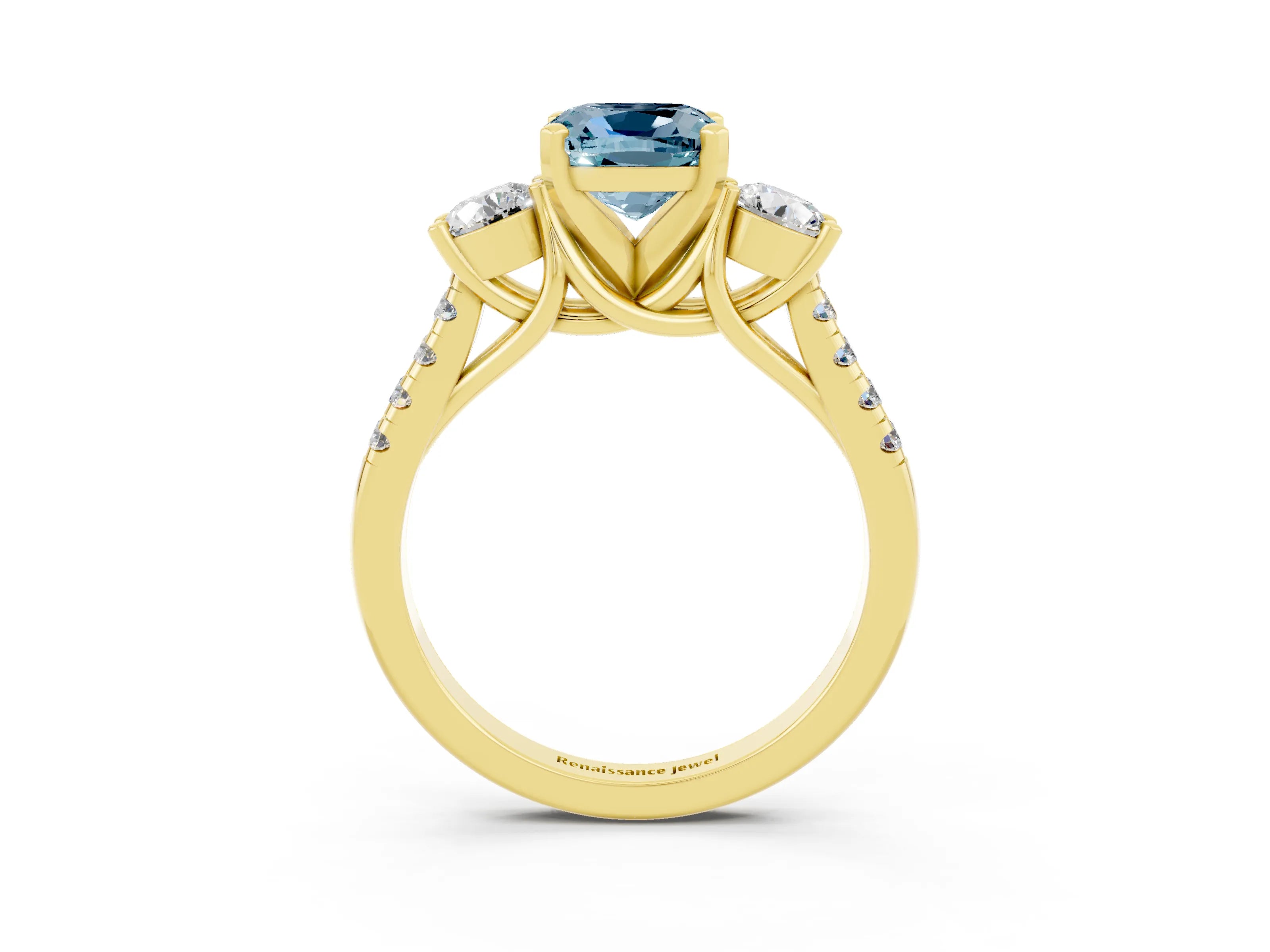 Yellow gold Three-Stone Cushion Cut Aquamarine Pavé Band with Four-Prong Setting_3