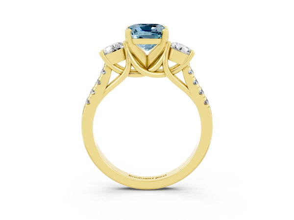 Yellow gold Three-Stone Cushion Cut Aquamarine Pavé Band with Four-Prong Setting