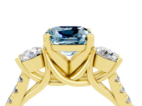 Yellow gold Three-Stone Cushion Cut Aquamarine Pavé Band with Four-Prong Setting_4